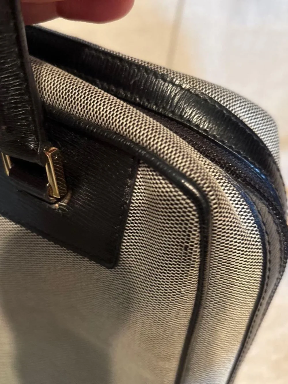 Vintage Gucci Gray Canvas Satchel with Black Leather Trim and Gold Hardware
